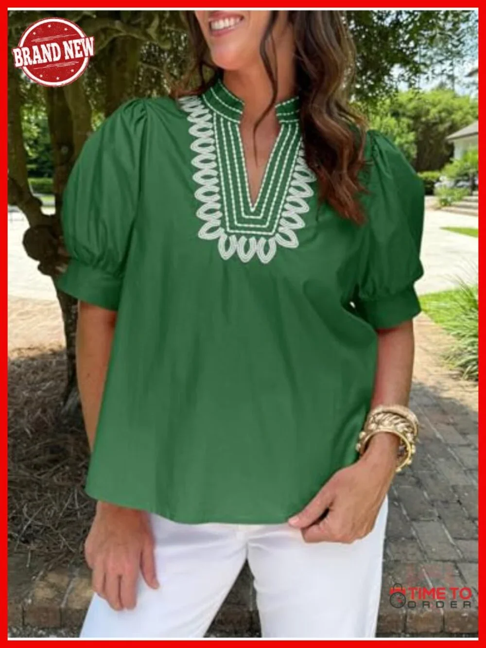 Women's Puff Short Sleeve Blouse Embroidered V Neck Loose Fit Casual Tee Shirt